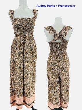 Audrey Parks x Francesca's Brown Floral smocked Ruffle Strap Wide Leg Jumpsuit